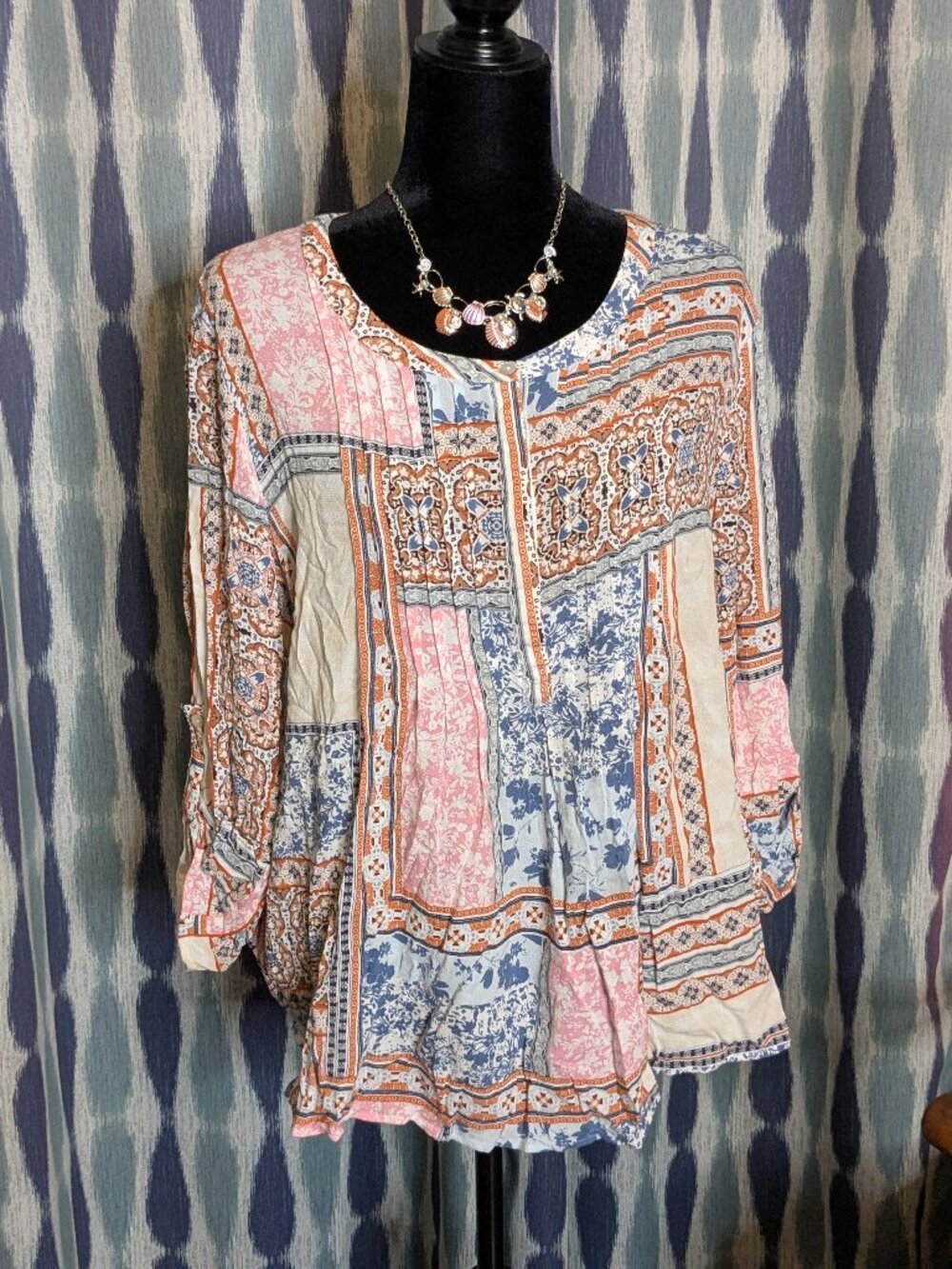 Daniel Rainn XXL Boho Patchwork Floral Peasant Blouse Pink Blue